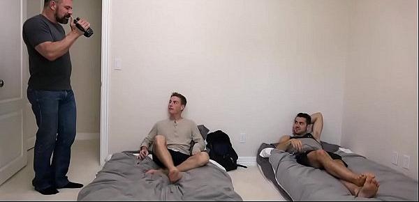  Father and son take turns fucking college roommate in dorm